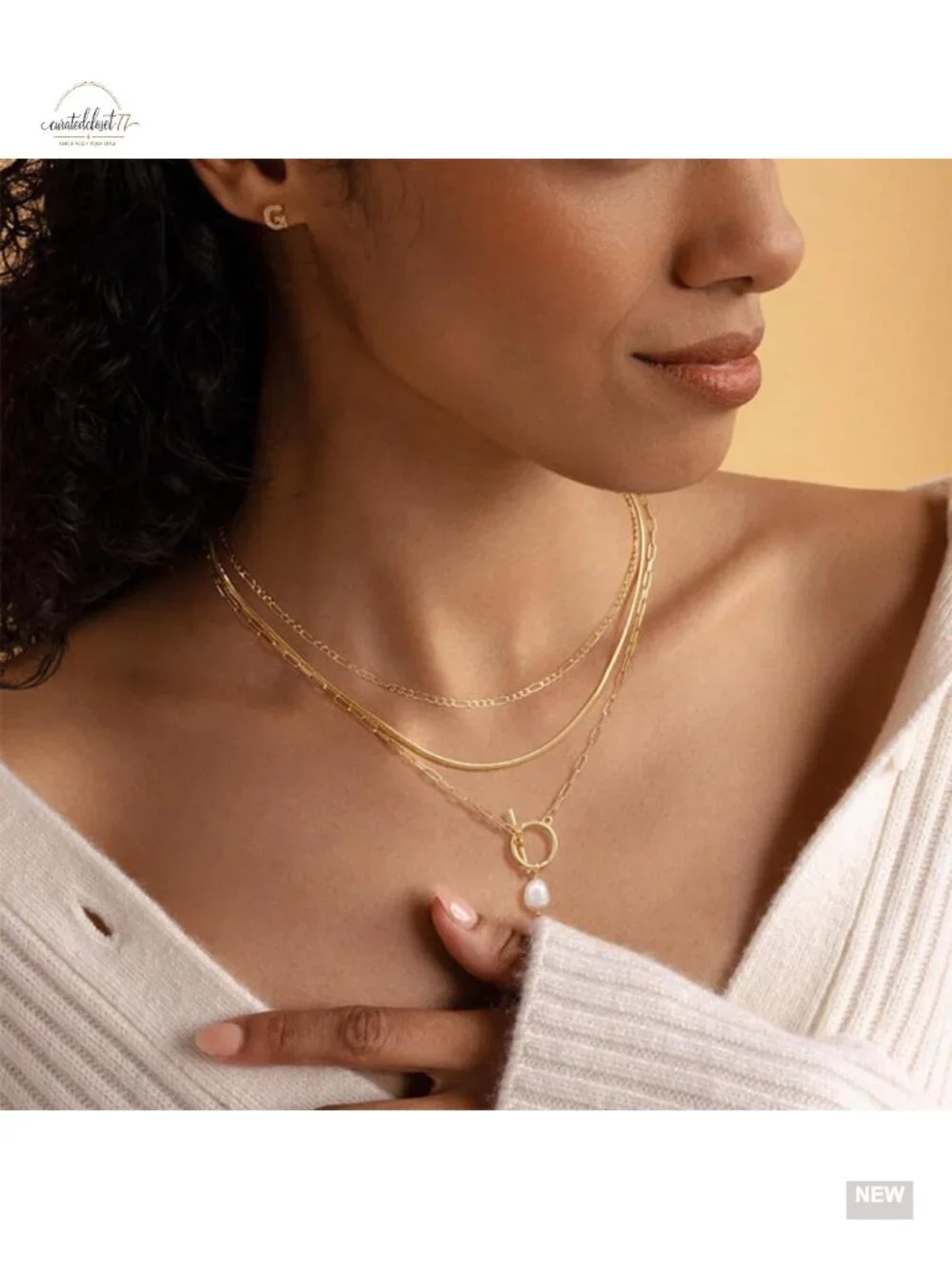 Dainty 14k Gold Plated Stackable Choker Necklaces Set with Pearl Pendant